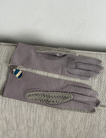 Guantes Lavanda Piel y Crochet