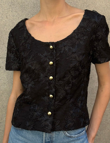 Raffia Embroidered Black Top