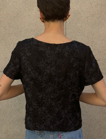 Raffia Embroidered Black Top